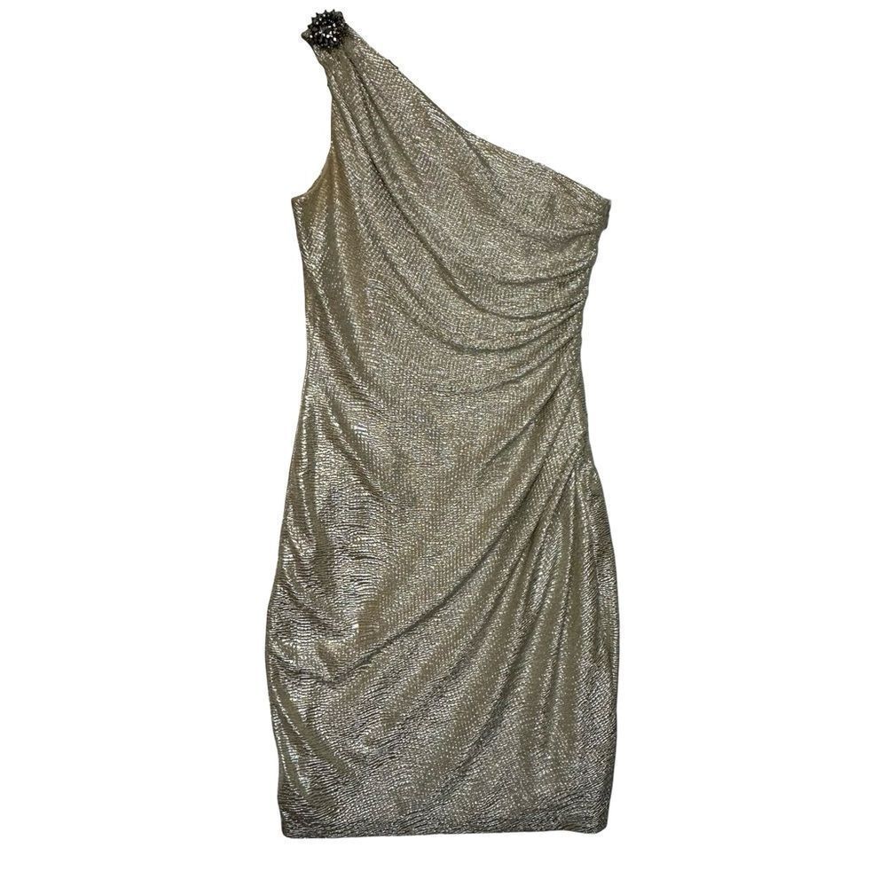 MAGGY LONDON One Shoulder Gold Champagne Shiny Stretch Mini Dress Size 8